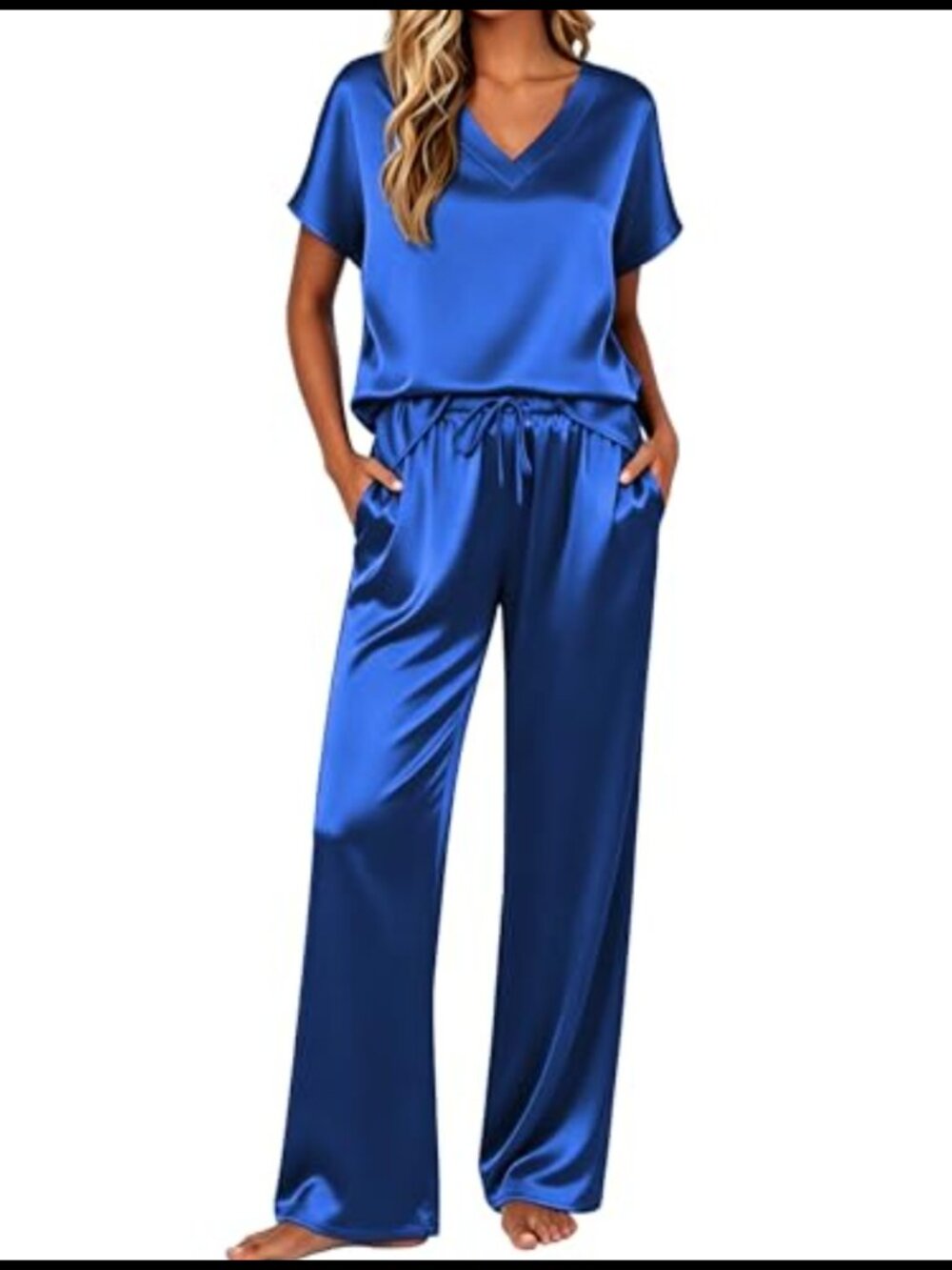 Silk Pajamas 2 Piece Satin Sleepwear V Neck Short Sleeve Long Pant Lounge Set